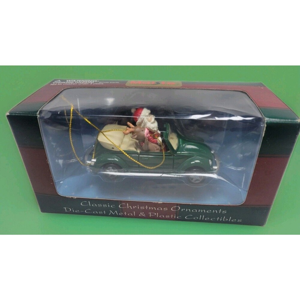 Maisto 1998 Green VW Cabriolet w/ Santa & Rudolph Die Cast Christmas Ornament